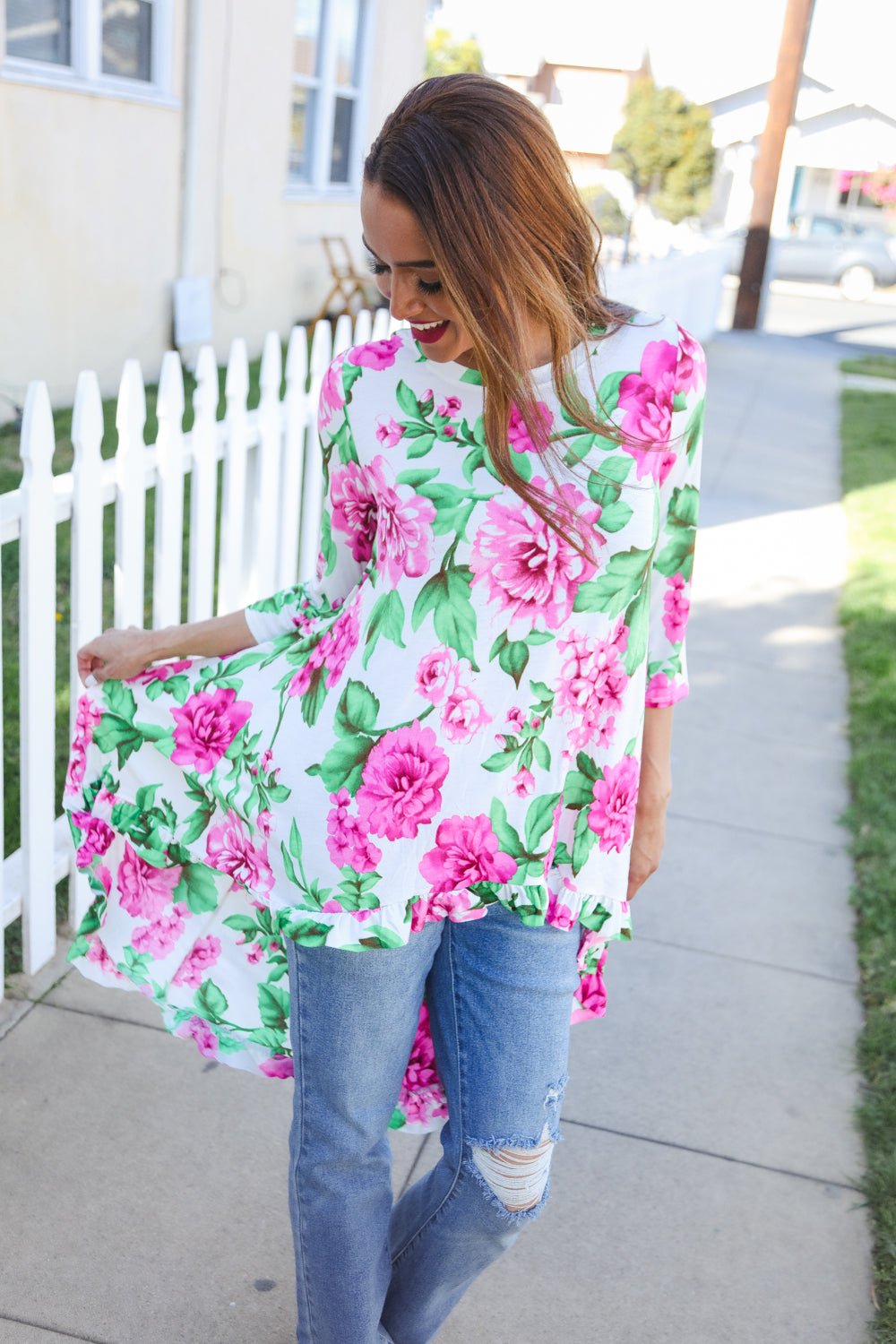 Be Bold Ivory Big Floral Hi - Lo Ruffle Hem Knit Tops - Nikki &amp; Co. Boutique