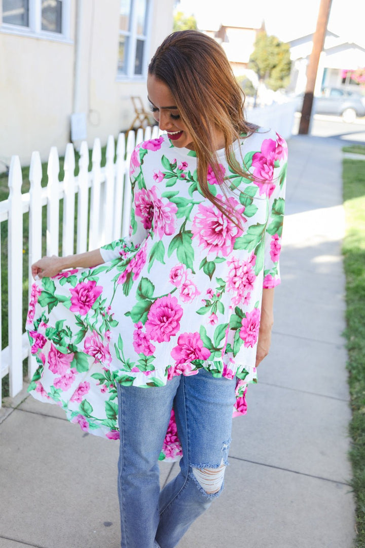 Be Bold Ivory Big Floral Hi - Lo Ruffle Hem Knit Tops - Nikki &amp; Co. Boutique
