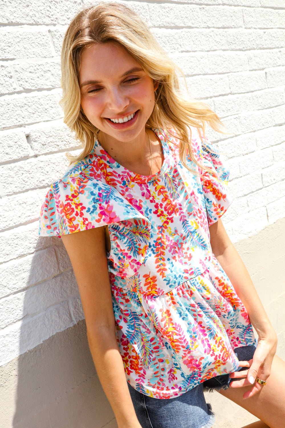 Perfect Find Ivory Floral Leaf Print Shorts Sleeve Babydoll Tops - Nikki &amp; Co. Boutique