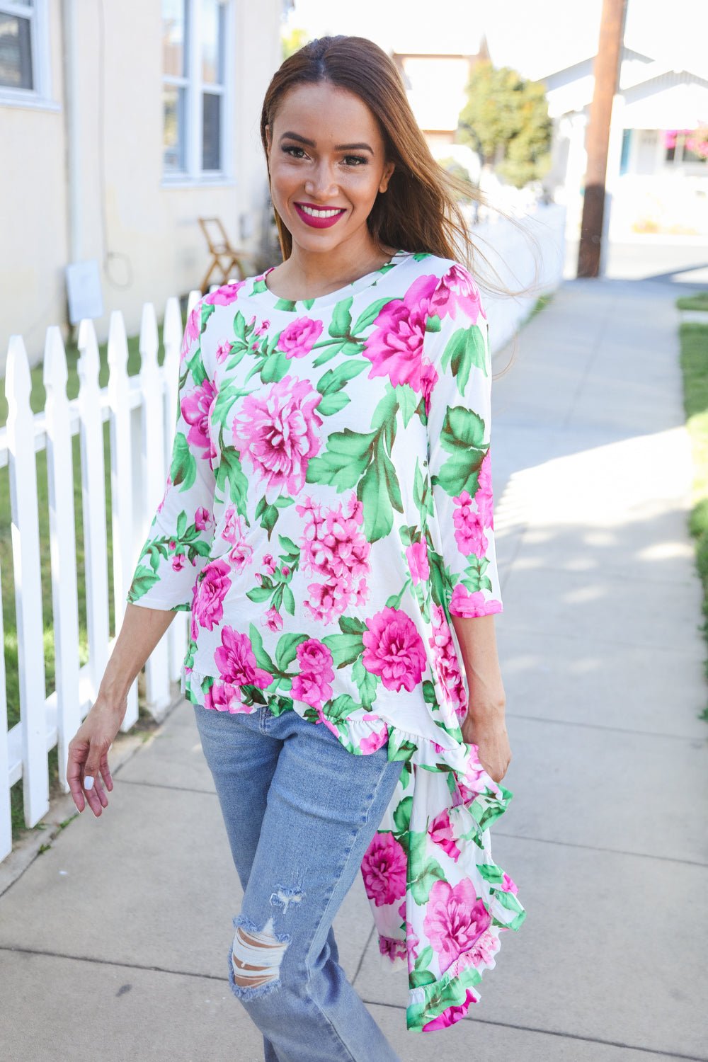 Be Bold Ivory Big Floral Hi - Lo Ruffle Hem Knit Tops - Nikki &amp; Co. Boutique