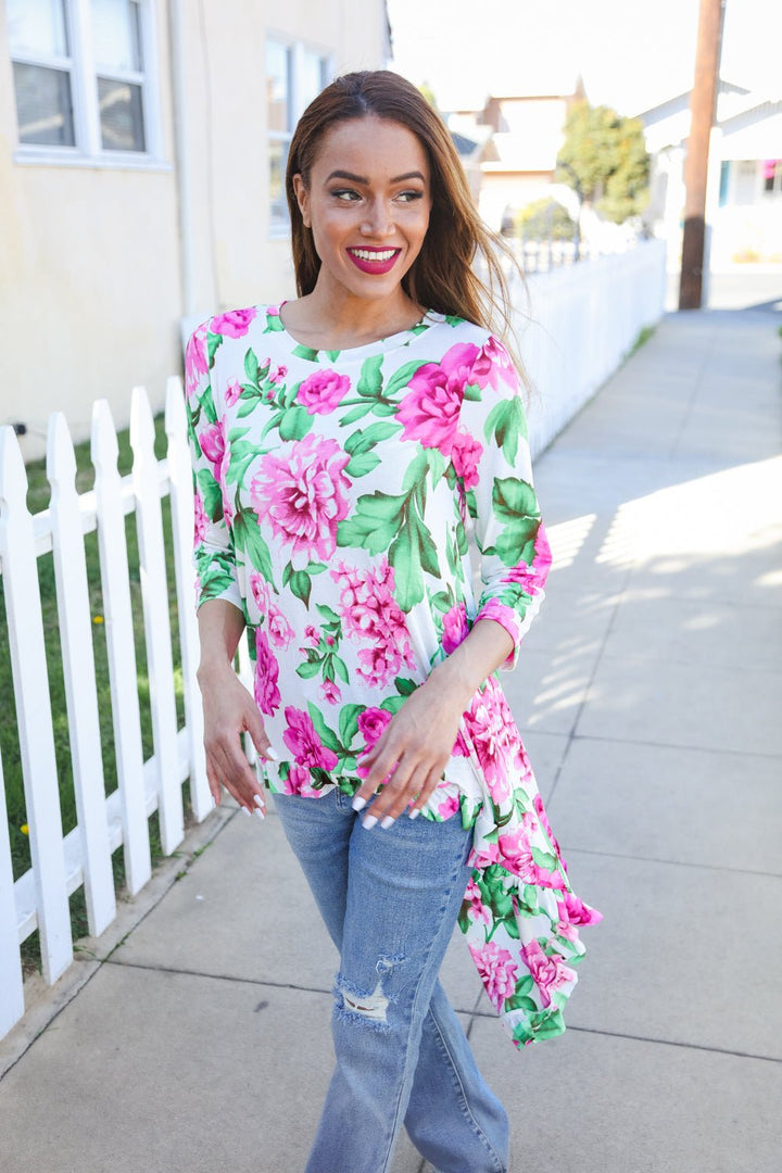Be Bold Ivory Big Floral Hi - Lo Ruffle Hem Knit Tops - Nikki &amp; Co. Boutique