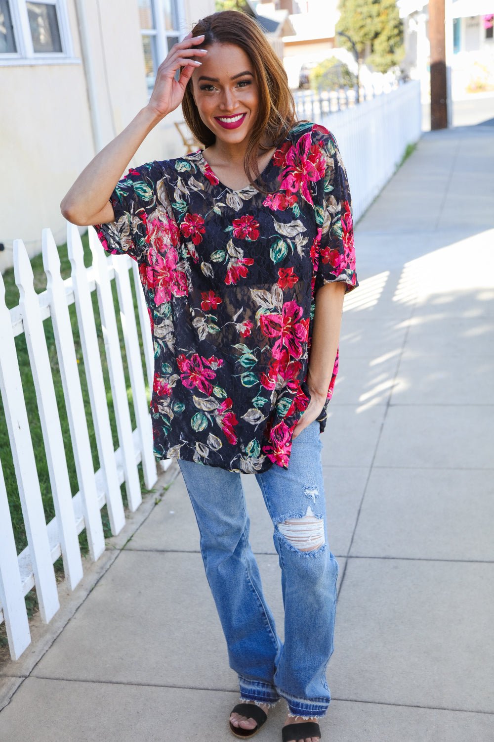The Perfect Find Black Multicolor Floral Crochet V Neck Top - Nikki &amp; Co. Boutique