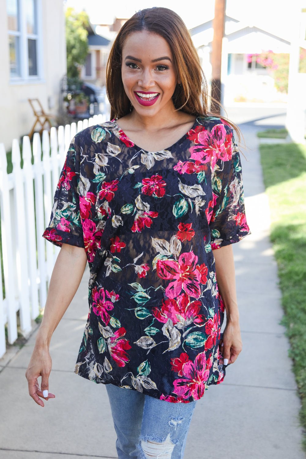 The Perfect Find Black Multicolor Floral Crochet V Neck Top - Nikki &amp; Co. Boutique
