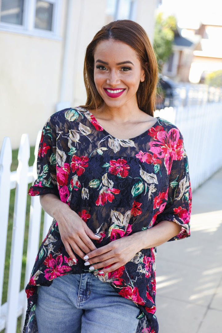 The Perfect Find Black Multicolor Floral Crochet V Neck Top - Nikki &amp; Co. Boutique