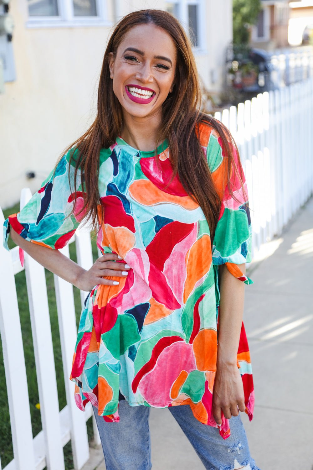 Sieze The Day 3/4 Tie Sleeve Shark Bite Hem Abstract Print Tunic - Nikki &amp; Co. Boutique