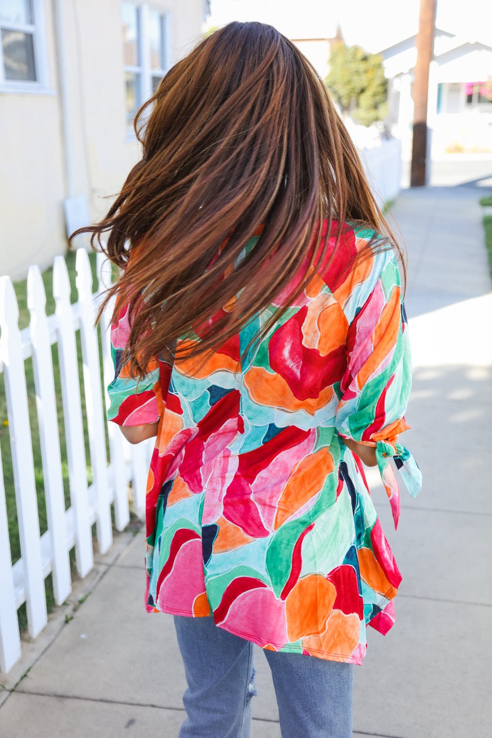 Sieze The Day 3/4 Tie Sleeve Shark Bite Hem Abstract Print Tunic - Nikki &amp; Co. Boutique