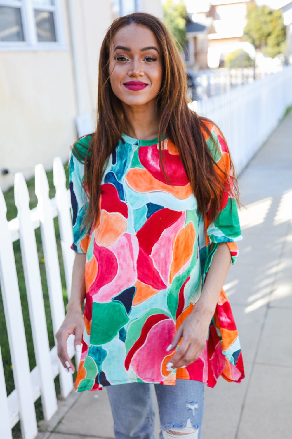 Sieze The Day 3/4 Tie Sleeve Shark Bite Hem Abstract Print Tunic - Nikki &amp; Co. Boutique