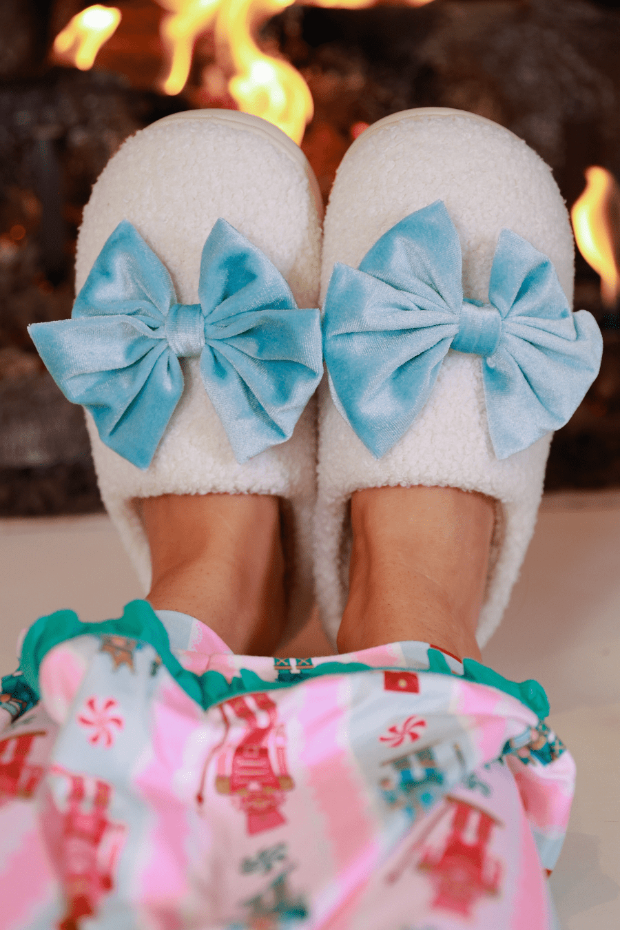 PREORDER- Cozy Bow Slippers- White/Aqua - Nikki &amp; Co. Boutique