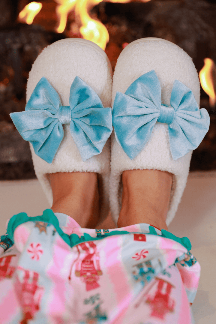 PREORDER- Cozy Bow Slippers- White/Aqua - Nikki &amp; Co. Boutique