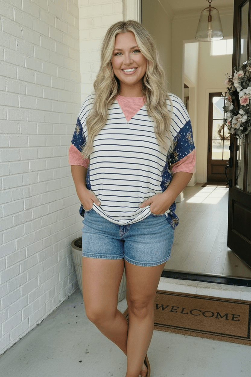 Stripe and Floral Mixed Media Oversized Top - Nikki &amp; Co. Boutique