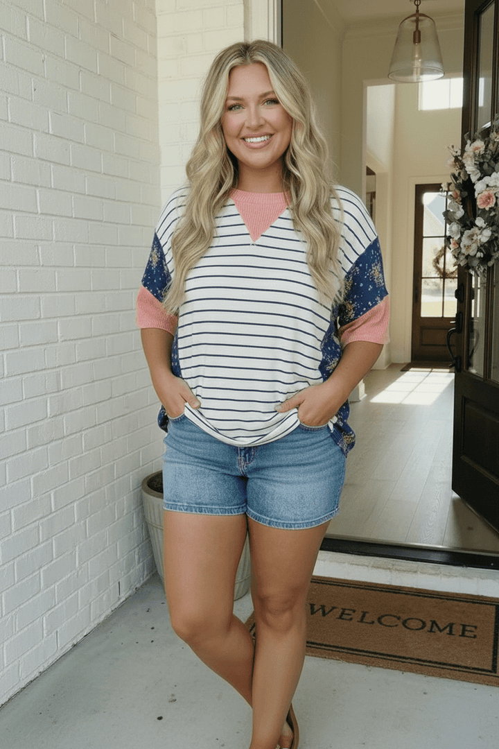 Stripe and Floral Mixed Media Oversized Top - Nikki &amp; Co. Boutique