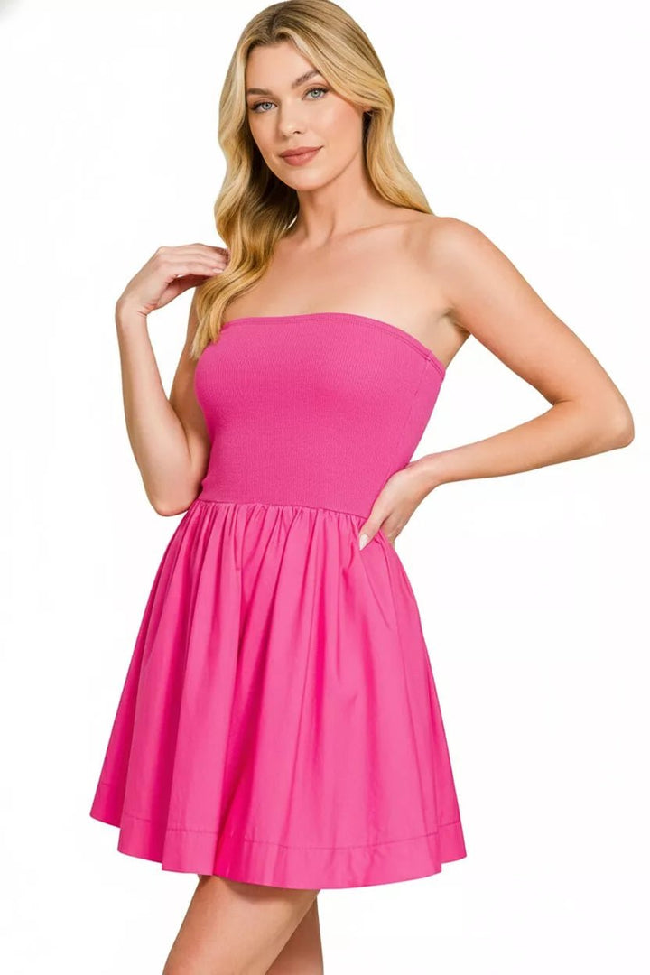 Zenana Combined Knit Tube Top Flare Mini Dress in Fuchsia - Nikki &amp; Co. Boutique
