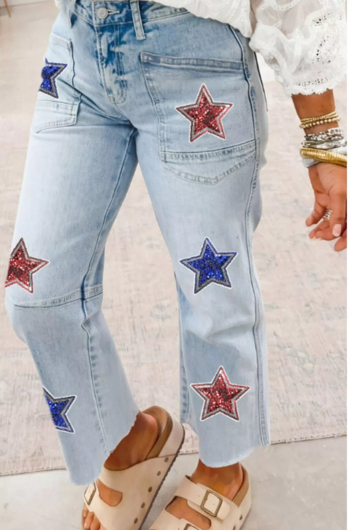 Star - Embellished Cropped Jeans in Light Blue - Nikki &amp; Co. Boutique