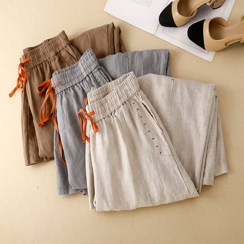 Gray Cotton Linen Casual Elastic High Waist Loose Wide Leg Women's Pants Ankle-Length Pants For Women Clothing Fashion
