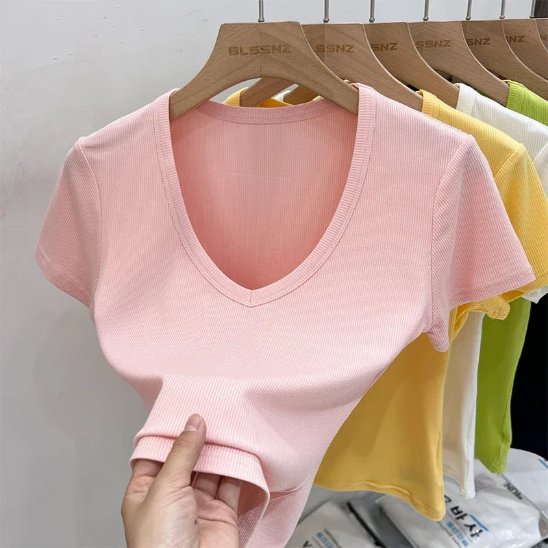 Female Y2K Tops Clothes Summer Sexy Basic Crop Top Women Ribbed Short Sleeve T-shirts Casual V-Neck Solid Slim Fit Tee