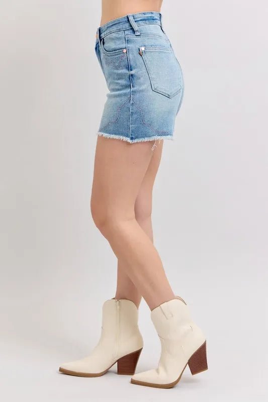 Judy Blue Full Size High Waist Western Embroidery Cut Off Denim Shorts in Light Wash - Nikki &amp; Co. Boutique