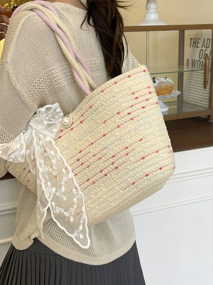 Woven Straw Shoulder Bag with Lace Bow Detail - Nikki &amp; Co. Boutique