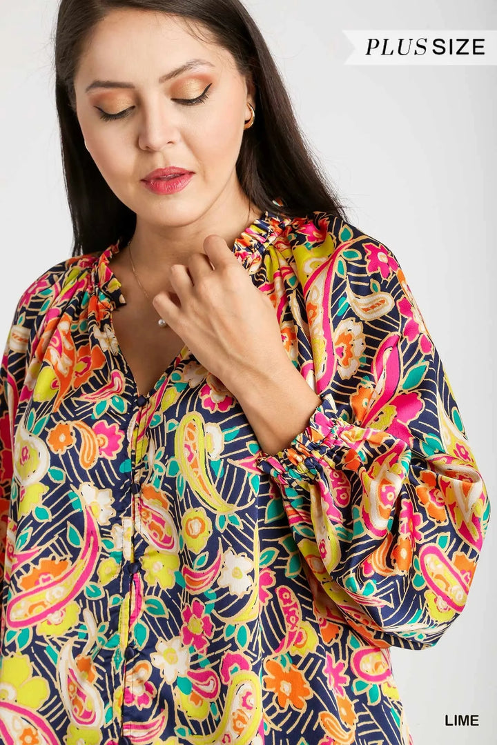 Umgee Full Size Satin Paisley Ruffle Neck Button-Up Shirt Plus Size - Nikki &amp; Co. Boutique