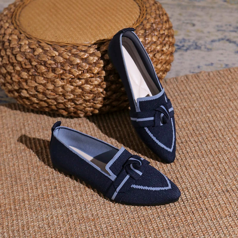 Pointed Toe Plus Size Women's Flat Single Shoes New Knit Flyweave Foot Slip Soft Sole Breathable