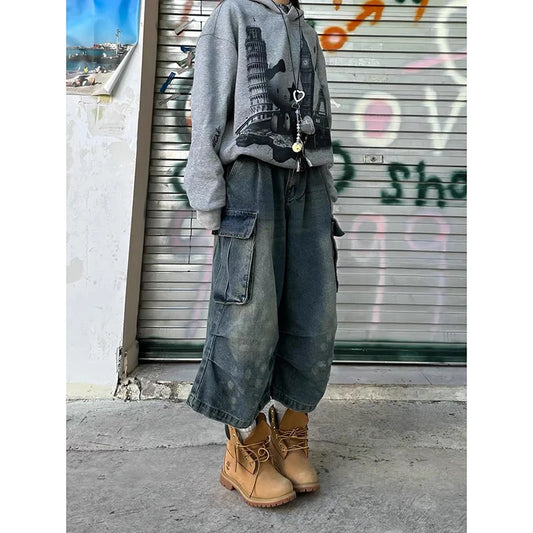 ZHIZOU Women's Summer Vintage High Waist Blue Retro Washed Denim Shorts Fashion Casual Loose Fit Y2K Streetwear Mid Long Short