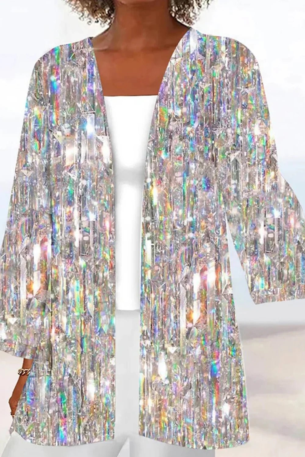 Flycurvy Plus Size Christmas Silver Sparkly Texture Print Kimono Cardigan - Nikki & Co. Boutique