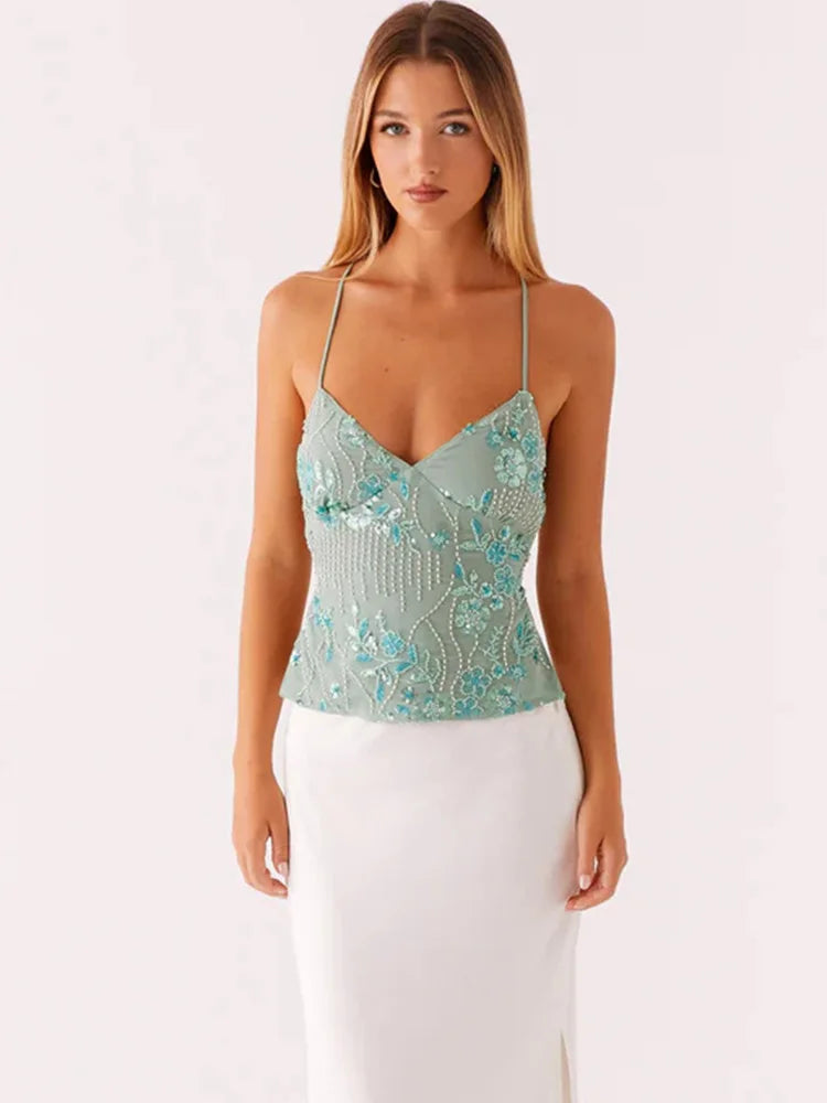 Trendix Sexy Deep V Neck Beach Tank Top Hot Girls Summer Sequins Patchwork Sleeveless Vest Women Vacation Sexy Backless Top