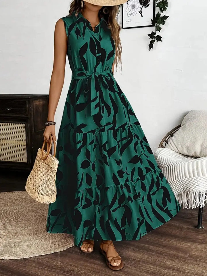 Printed Tie Waist Sleeveless Maxi Dress | Nikki &amp; Co. Boutique