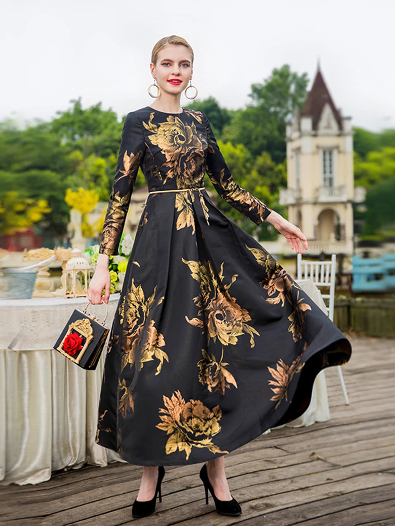 Elegant Female Long Maxi Jacquard Dress Pretty Dresses Women Evening Floral Vintage Ladis Party Fall Winter Clothes