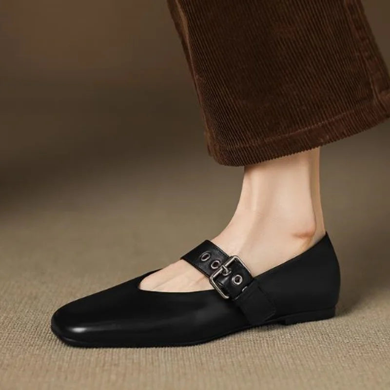 Leopard Pattern Shoes for Ladies Square Toes Flat Heels Front Strap Female Ballets Sewing Lines Womens Shallow Chassure Femme