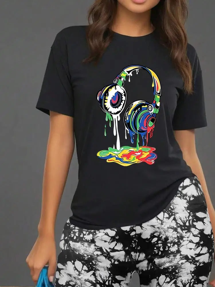 Color Earphones Print Women T Shirts Two Piece Set Fashion Novel Floral Shorts Sets Summer Breathable Cotton Shirt Shorts Female