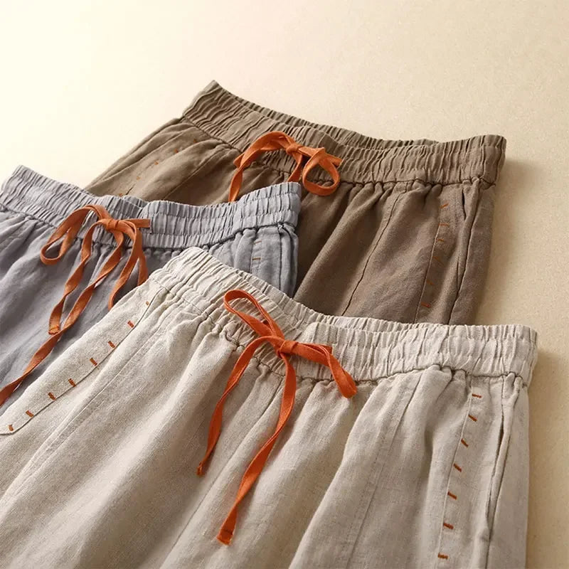 Gray Cotton Linen Casual Elastic High Waist Loose Wide Leg Women's Pants Ankle-Length Pants For Women Clothing Fashion