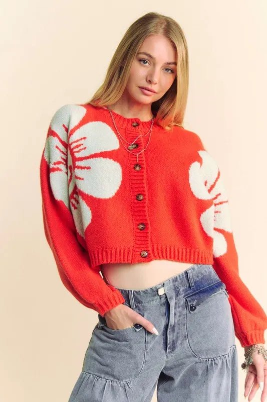 Davi &amp; Dani Flower Contrast Round Neck Long Sleeve Cardigan - Nikki &amp; Co. Boutique