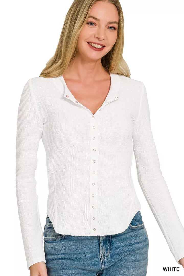 Zenana Double-Knit Snap-Button Shirt | White - Nikki &amp; Co. Boutique
