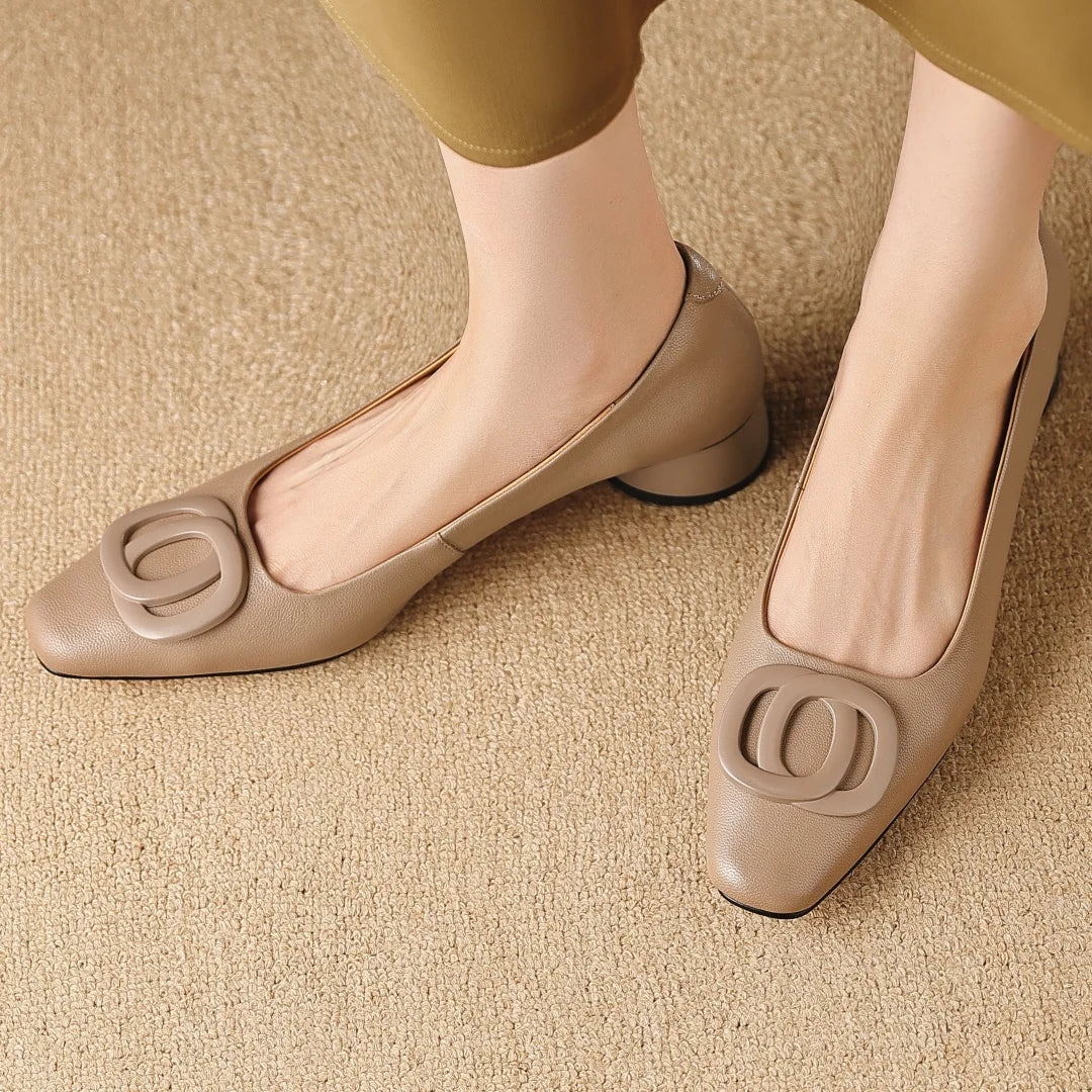 Women's sheepskin square toe metal buckle slip-on pumps elegant ladies 3cm round low heel slim OL style daily dress heeled shoes