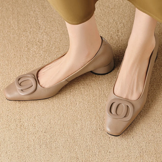 Women's sheepskin square toe metal buckle slip-on pumps elegant ladies 3cm round low heel slim OL style daily dress heeled shoes