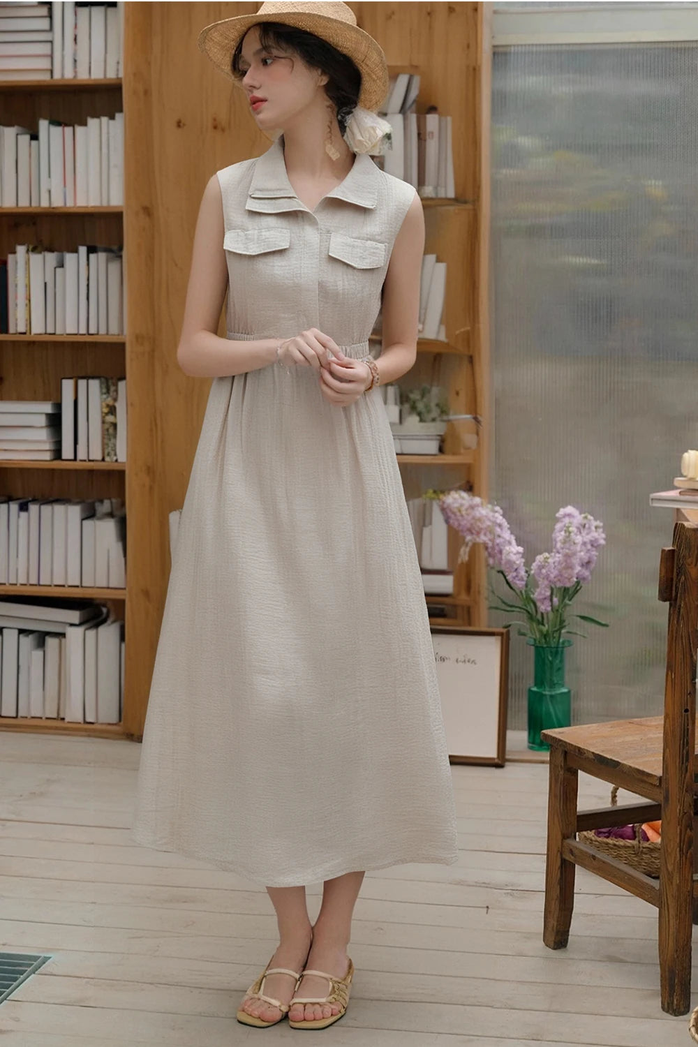 VIMLY Women Office Lady Vest Dress Summer Casual Sleeveless Lapel Dress Simple Elegant Style Commuter Sundress with Pockets