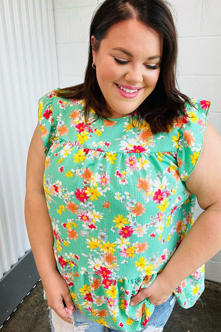 Mint Floral Yoke Flutter Sleeve Keyhole Back Tops | Nikki &amp; Co. Boutique