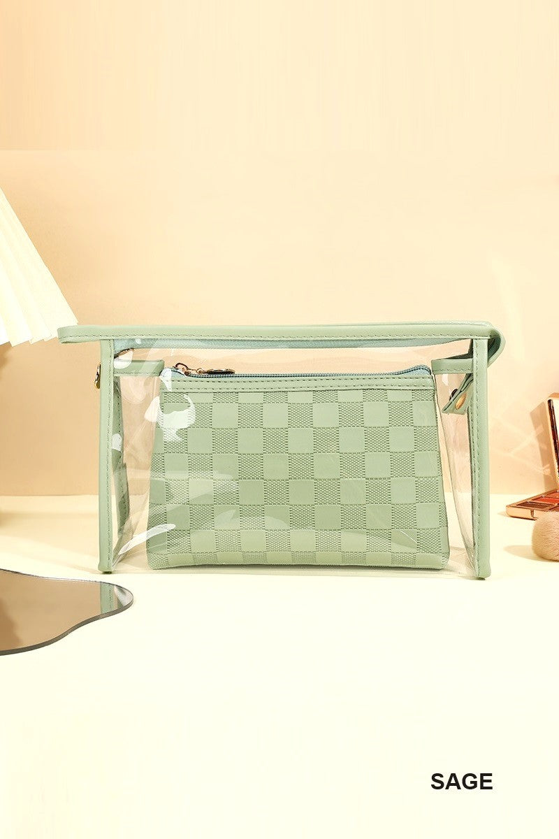 Clear large make up bag with color outline and smaller matching colored second bag