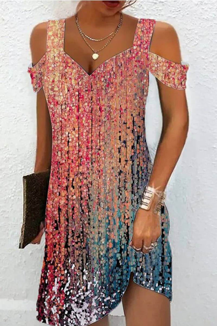 Woman in multicolored dress