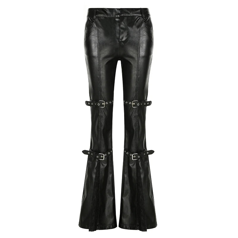 BIIKPIIK Sexy Lace Patchwork Leather Pants Gothic Belts Skinny PU Flare Pants Punk Dark Black Trousers Y2K Retro Autumn Bottoms