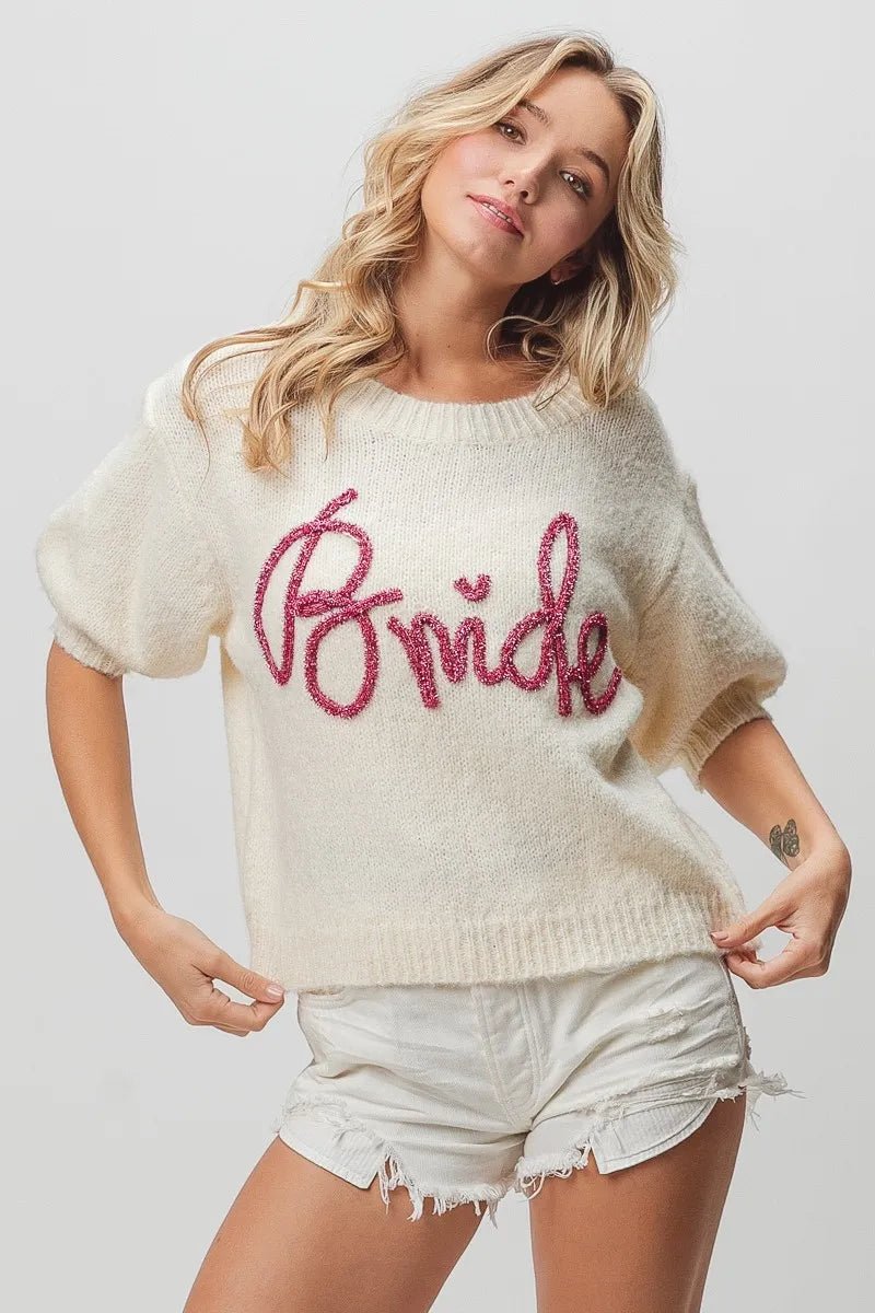 BiBi Metallic Letter Shorts Puff Sleeve Hairy Sweater | Nikki &amp; Co. Boutique