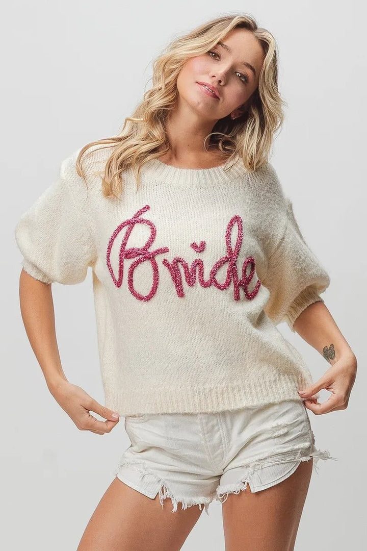 BiBi Metallic Letter Shorts Puff Sleeve Hairy Sweater | Nikki &amp; Co. Boutique