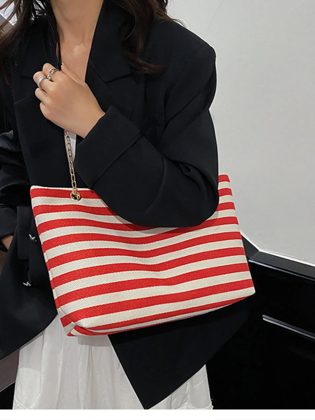 Striped Shoulder Bag with Chain Detail - Nikki &amp; Co. Boutique