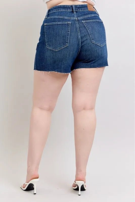 Judy Blue Full Size High Waist Criss - Cross Waistband Denim Shorts in Dark Wash - Nikki &amp; Co. Boutique