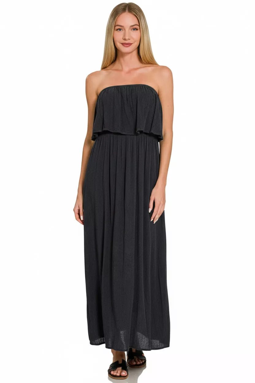 Zenana Woven Crinkle Strapless Maxi Dress in Black - Nikki &amp; Co. Boutique