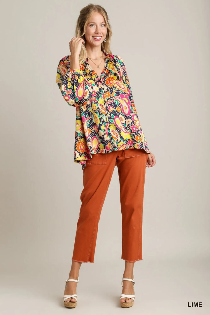 Umgee Full Size Satin Paisley Ruffle Neck Button-Up Shirt Plus Size - Nikki &amp; Co. Boutique