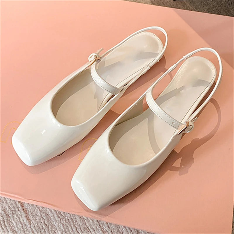 Aneikeh Retro Square Head Strap Mary Jane Sandals Women Comfortable Casual Red Lacquer Leather Ballet Shoes Pumps Zapatos Mujer