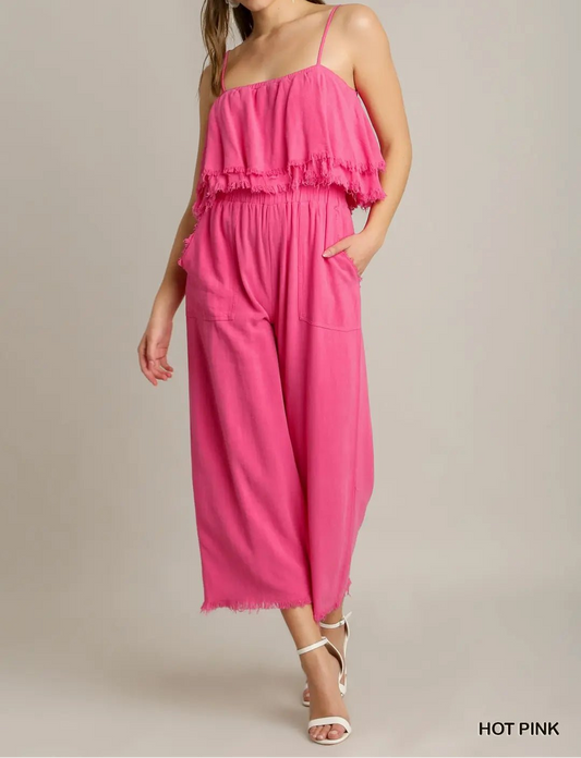 Spaghetti Strap Tiered Ruffle Unfinished Hem Jumpsuit (NP) - Hot Pink! - Nikki and Co Boutique