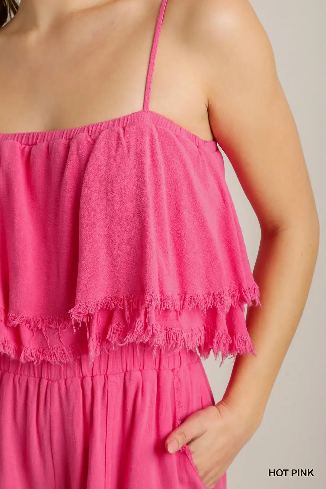 Spaghetti Strap Tiered Ruffle Unfinished Hem Jumpsuit (NP) - Hot Pink! | Nikki &amp; Co. Boutique
