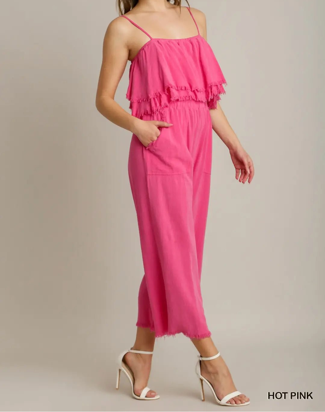 Spaghetti Strap Tiered Ruffle Unfinished Hem Jumpsuit (NP) - Hot Pink! | Nikki &amp; Co. Boutique